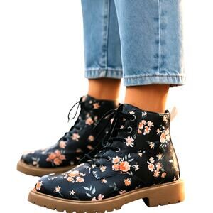 Fab Kids 3 Black Floral Girl's Combat Ankle Boots Lace Up Zipper Shoe